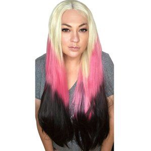 Blonde Pink Black Ombre Straight Long Glueless Preplucked Lace Front Synthetic H